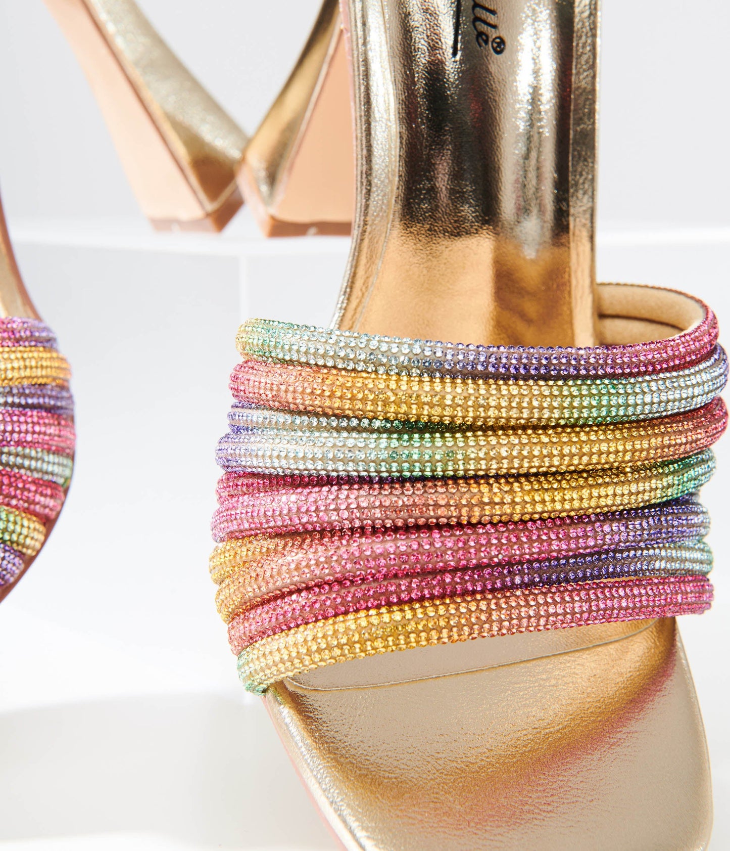 Rainbow Rhinestone & Metallic Gold Heels - Unique Vintage - Womens, SHOES, HEELS