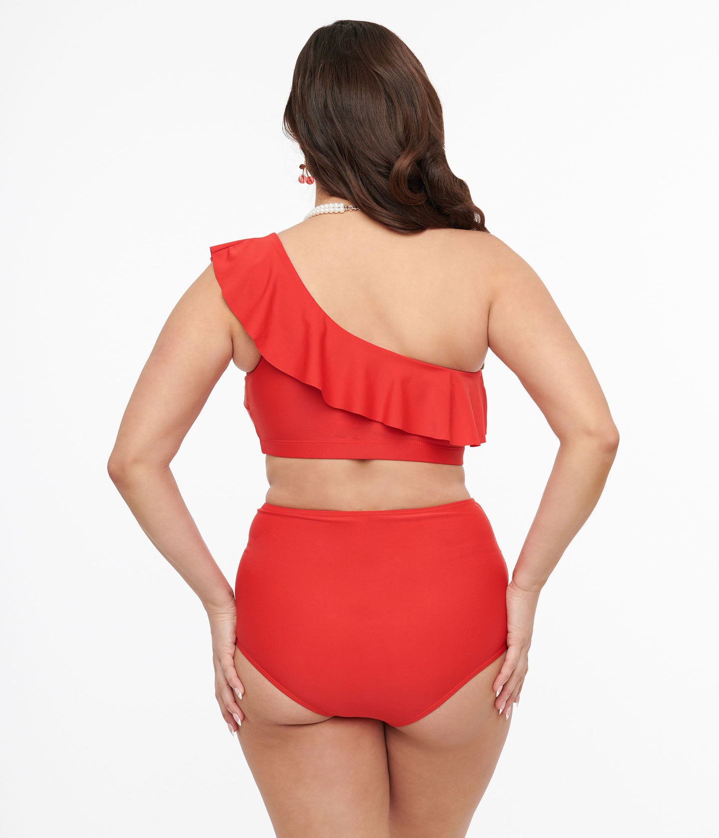 Red Asymmetric One Shoulder Ruffled Two Piece Swim Set Unique Vintage