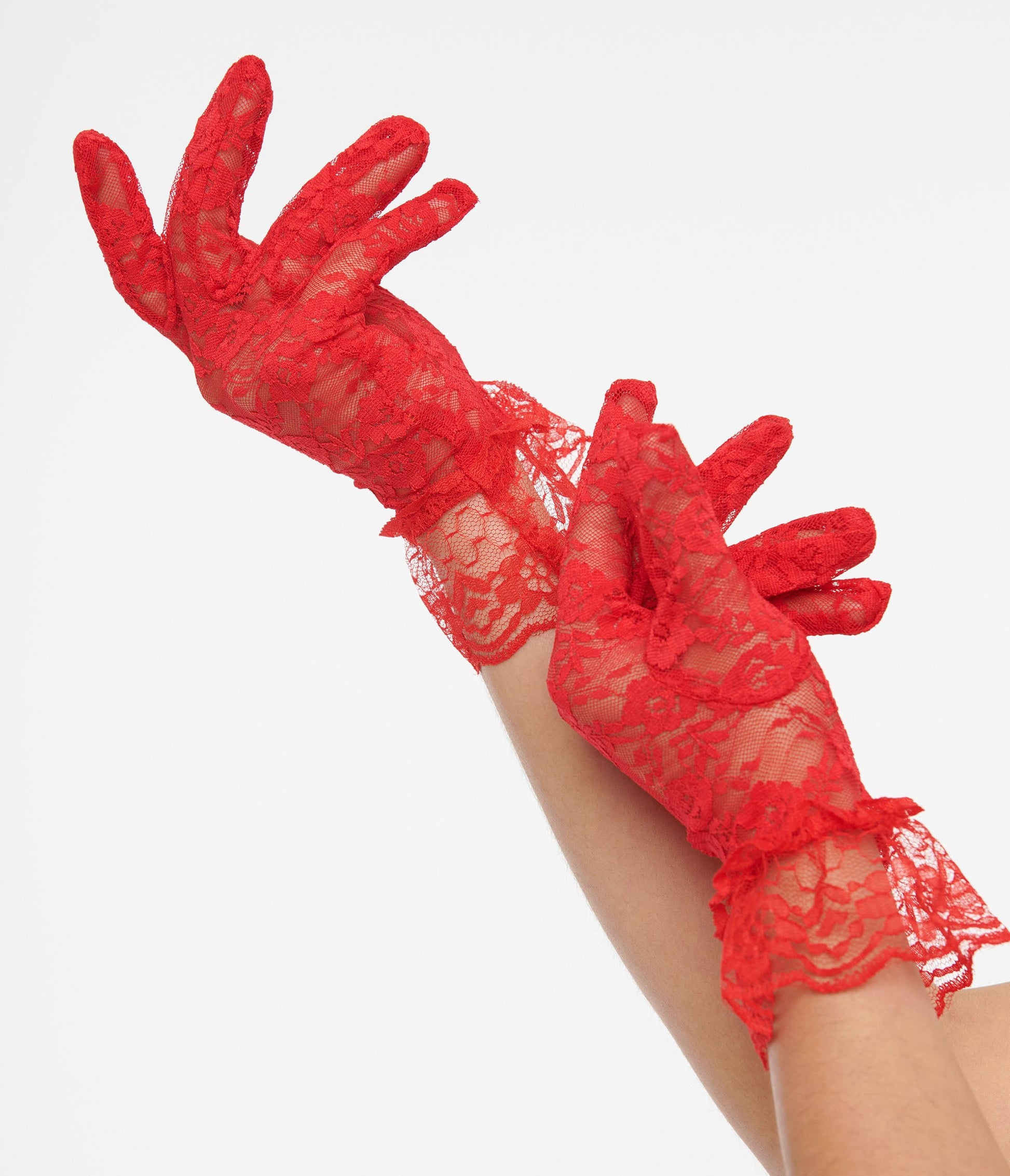 Red Lace Ruffle Gloves - Unique Vintage - Womens, ACCESSORIES, GLOVES/SCARVES