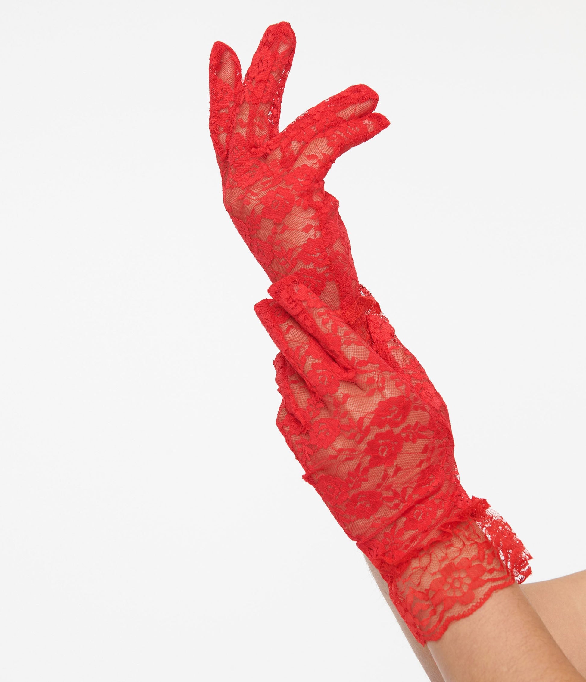 Red Lace Ruffle Gloves - Unique Vintage - Womens, ACCESSORIES, GLOVES/SCARVES