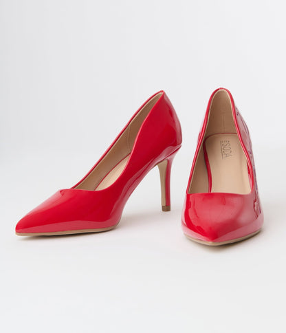 Red Patent Leatherette Stiletto Heels - Unique Vintage - Womens, SHOES, HEELS