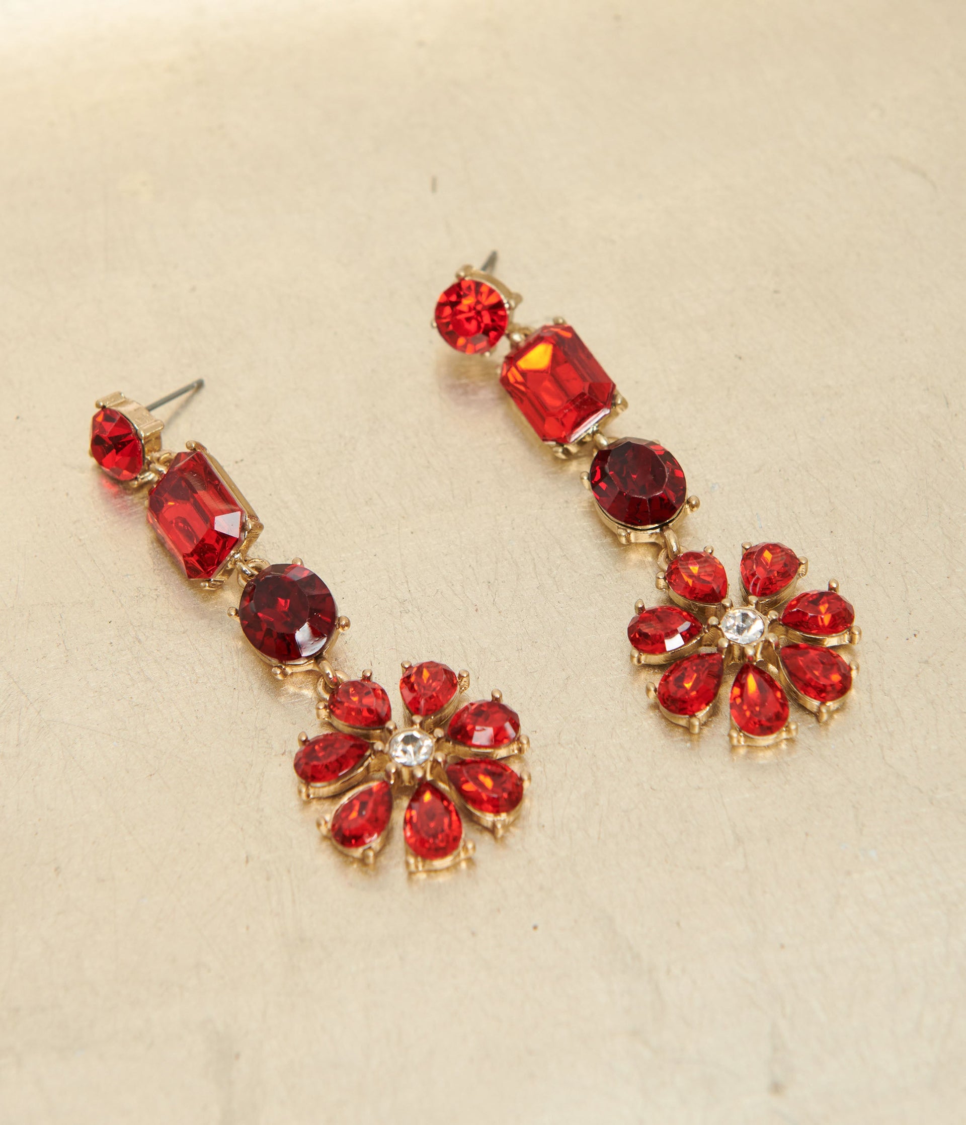 Red Rhinestone Floral Drop Earrings - Unique Vintage - Womens, ACCESSORIES, JEWELRY