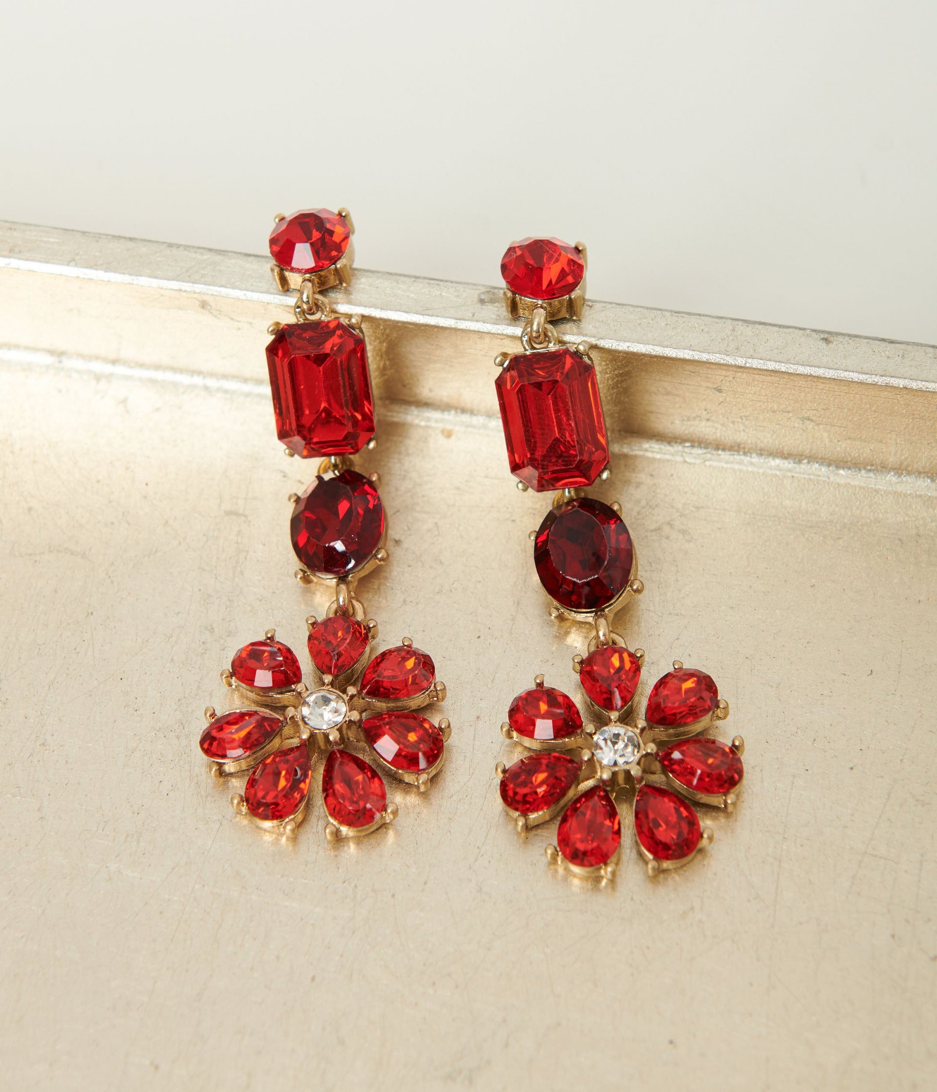 Red Rhinestone Floral Drop Earrings - Unique Vintage - Womens, ACCESSORIES, JEWELRY