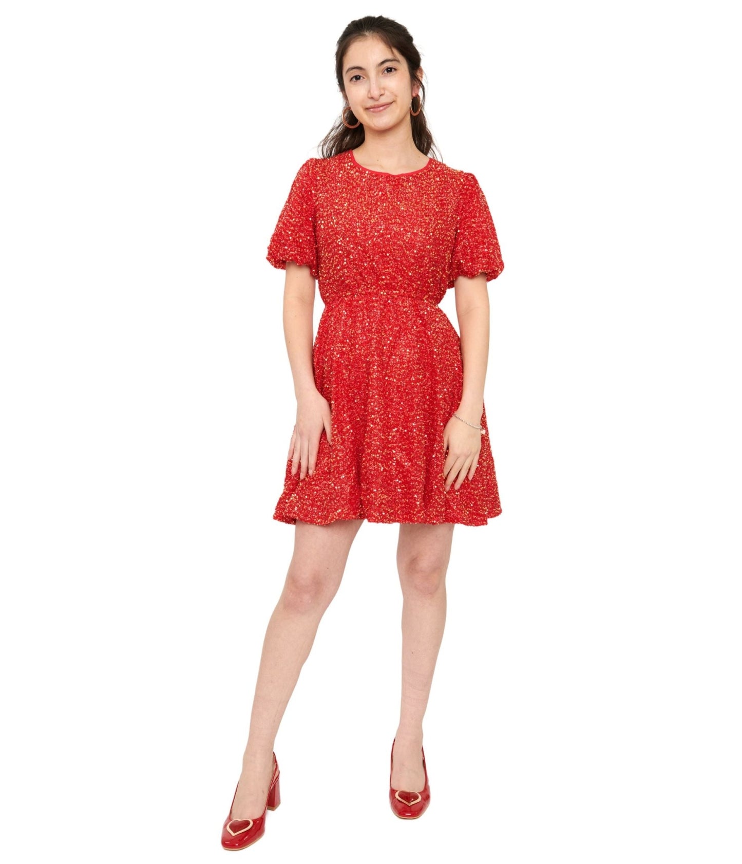 Red Sequin Puff Sleeve Flare Dress - Unique Vintage - Womens, DRESSES, SHIFTS