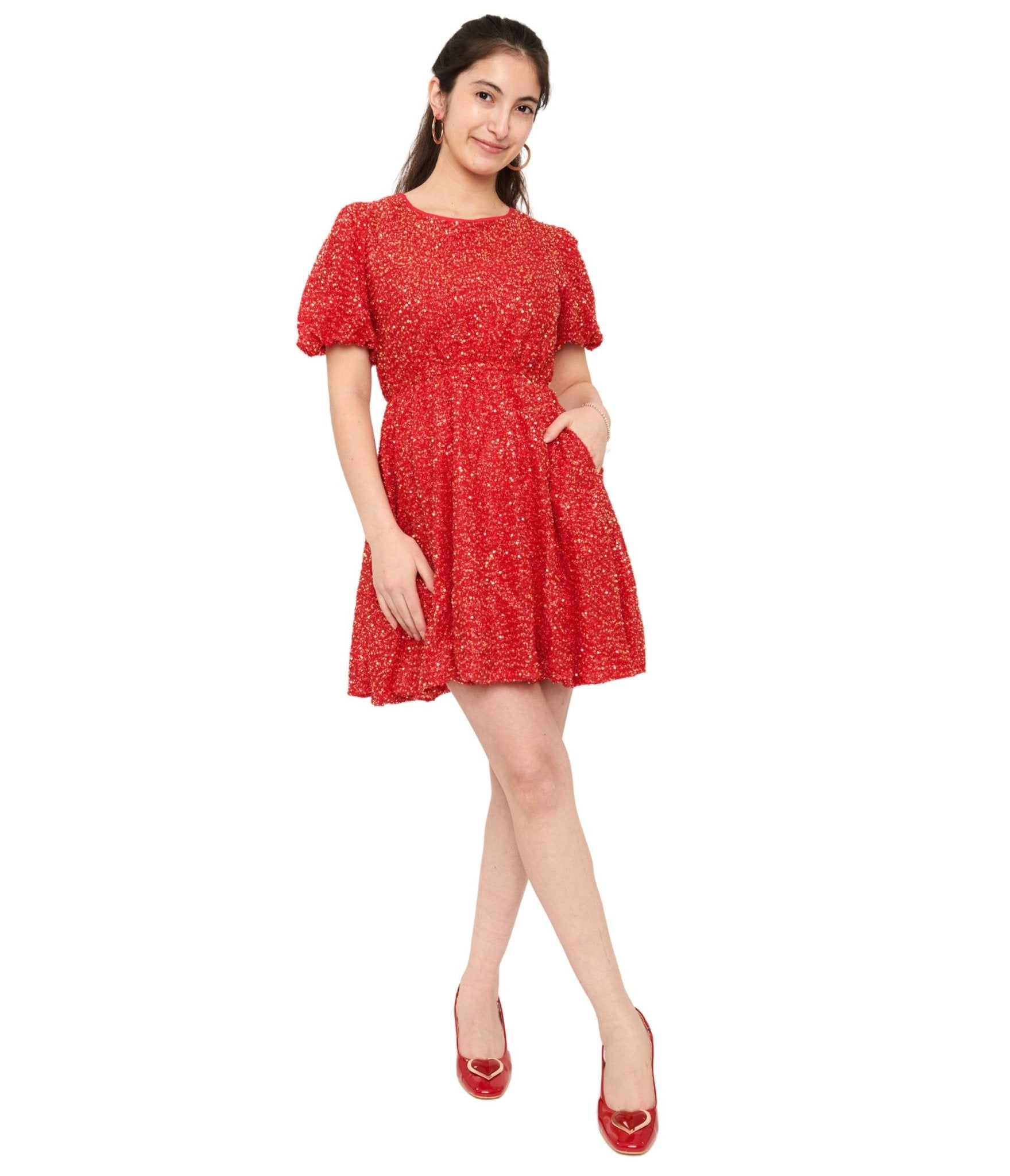 Red Sequin Puff Sleeve Flare Dress - Unique Vintage - Womens, DRESSES, SHIFTS