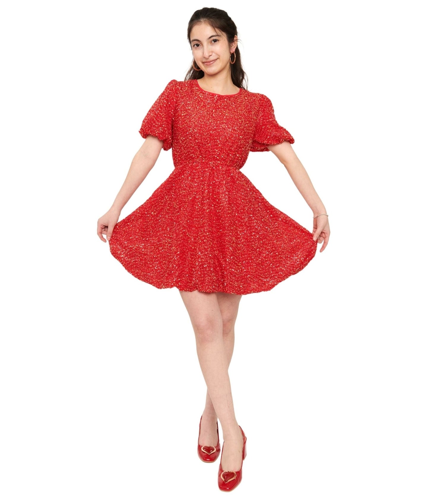 Red Sequin Puff Sleeve Flare Dress - Unique Vintage - Womens, DRESSES, SHIFTS