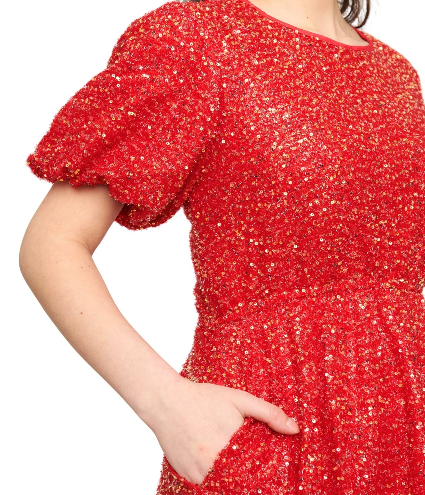 Red Sequin Puff Sleeve Flare Dress - Unique Vintage - Womens, DRESSES, SHIFTS