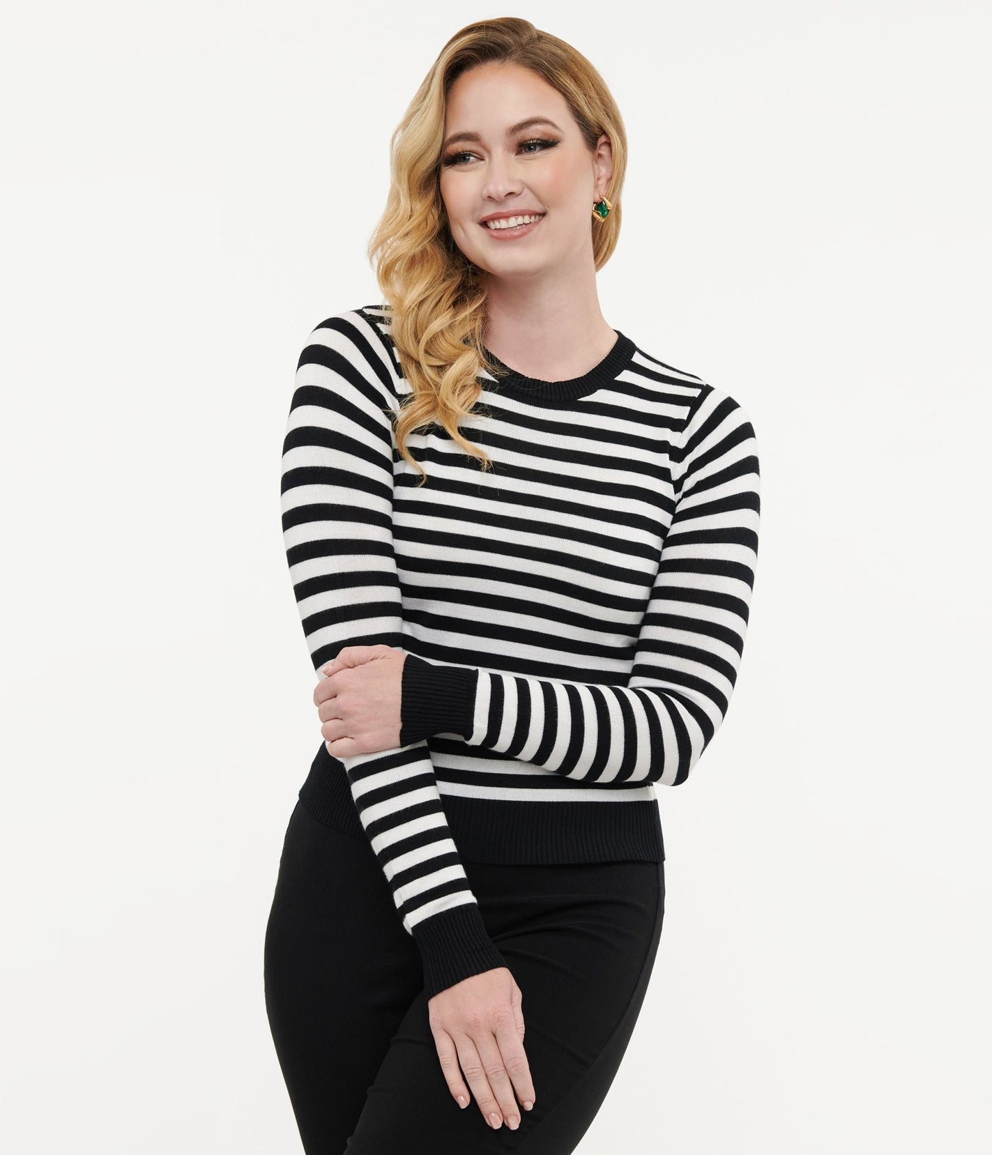 Retro Style Black & White Stripe Long Sleeve Knit Sweater Top - Unique Vintage - Womens, TOPS, SWEATERS