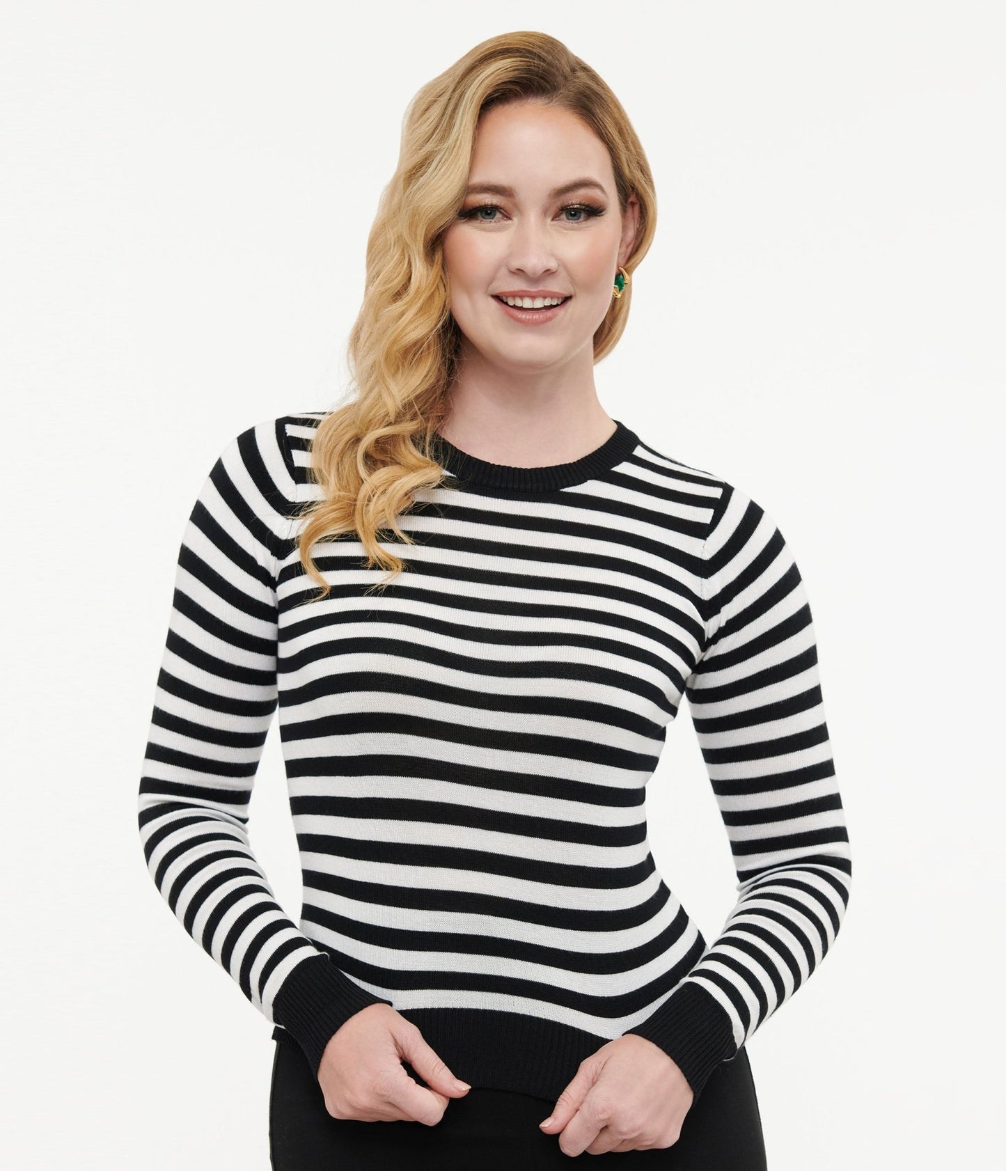 Retro Style Black & White Stripe Long Sleeve Knit Sweater Top - Unique Vintage - Womens, TOPS, SWEATERS