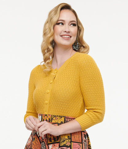 Retro Style Honey Yellow Cotton Crochet Sleeved Button Cardigan - Unique Vintage - Womens, TOPS, SWEATERS