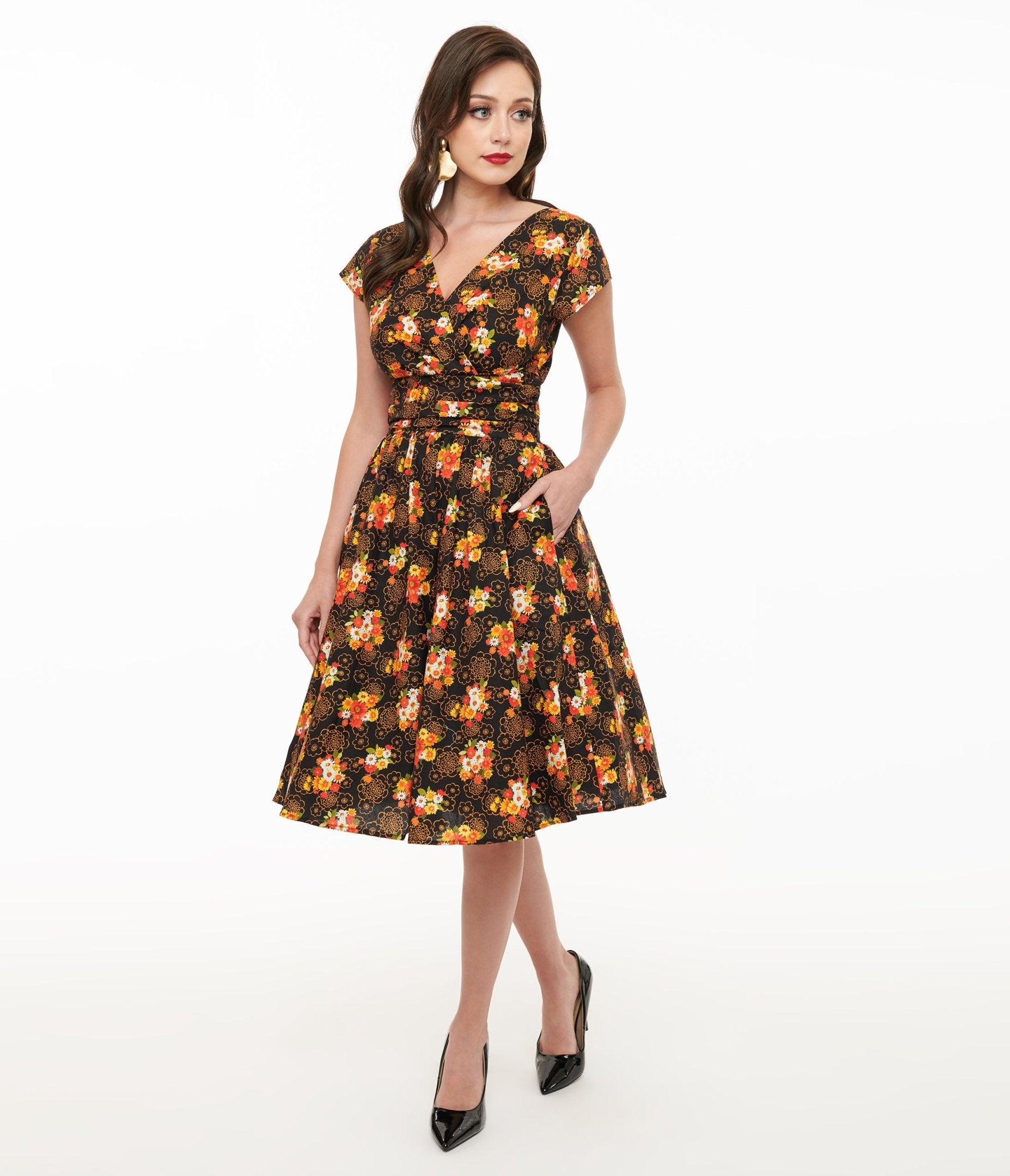 Retrolicious 1950s Autumn Floral Cotton Greta Swing Dress - Unique Vintage - Womens, DRESSES, SWING