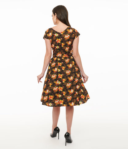 Retrolicious 1950s Autumn Floral Cotton Greta Swing Dress - Unique Vintage - Womens, DRESSES, SWING