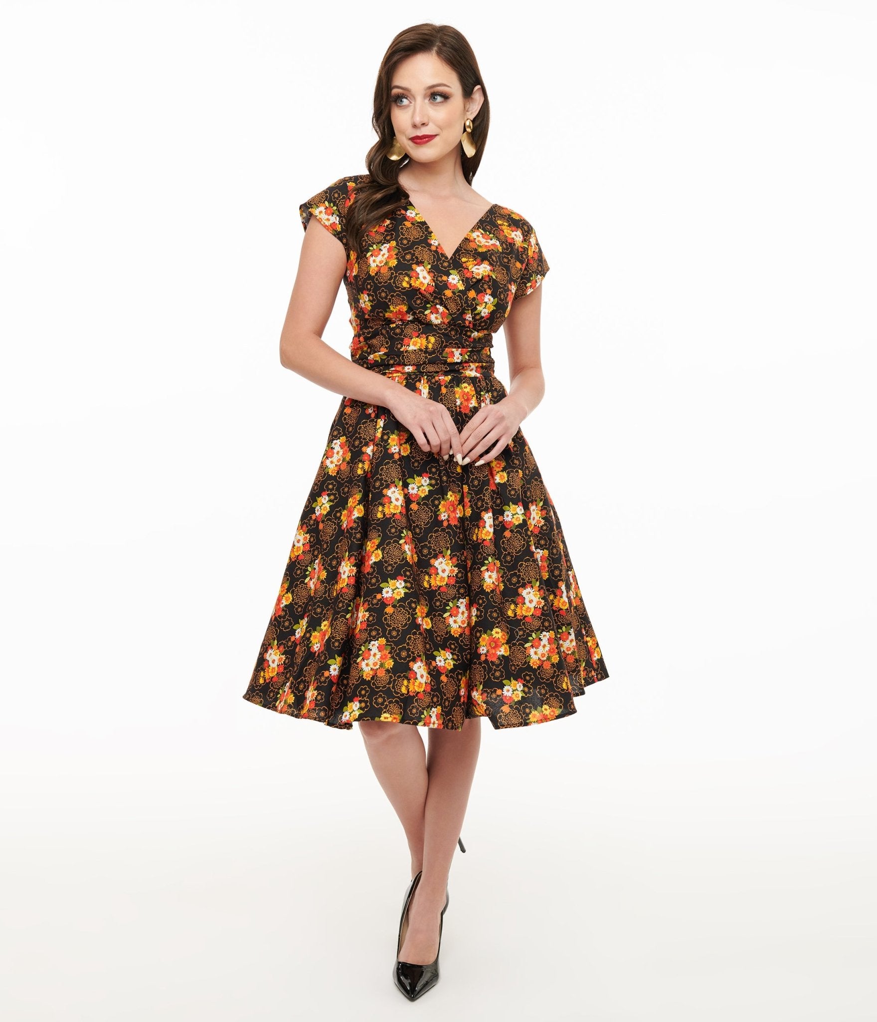 Retrolicious 1950s Autumn Floral Cotton Greta Swing Dress - Unique Vintage - Womens, DRESSES, SWING