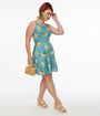 Retrolicious 1950s Blue Cat Leaf Print Cotton Skater Dress