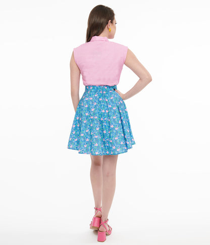Retrolicious 1950s Blue & Pink Flamingo Print Cotton Skater Skirt - Unique Vintage - Womens, BOTTOMS, SKIRTS