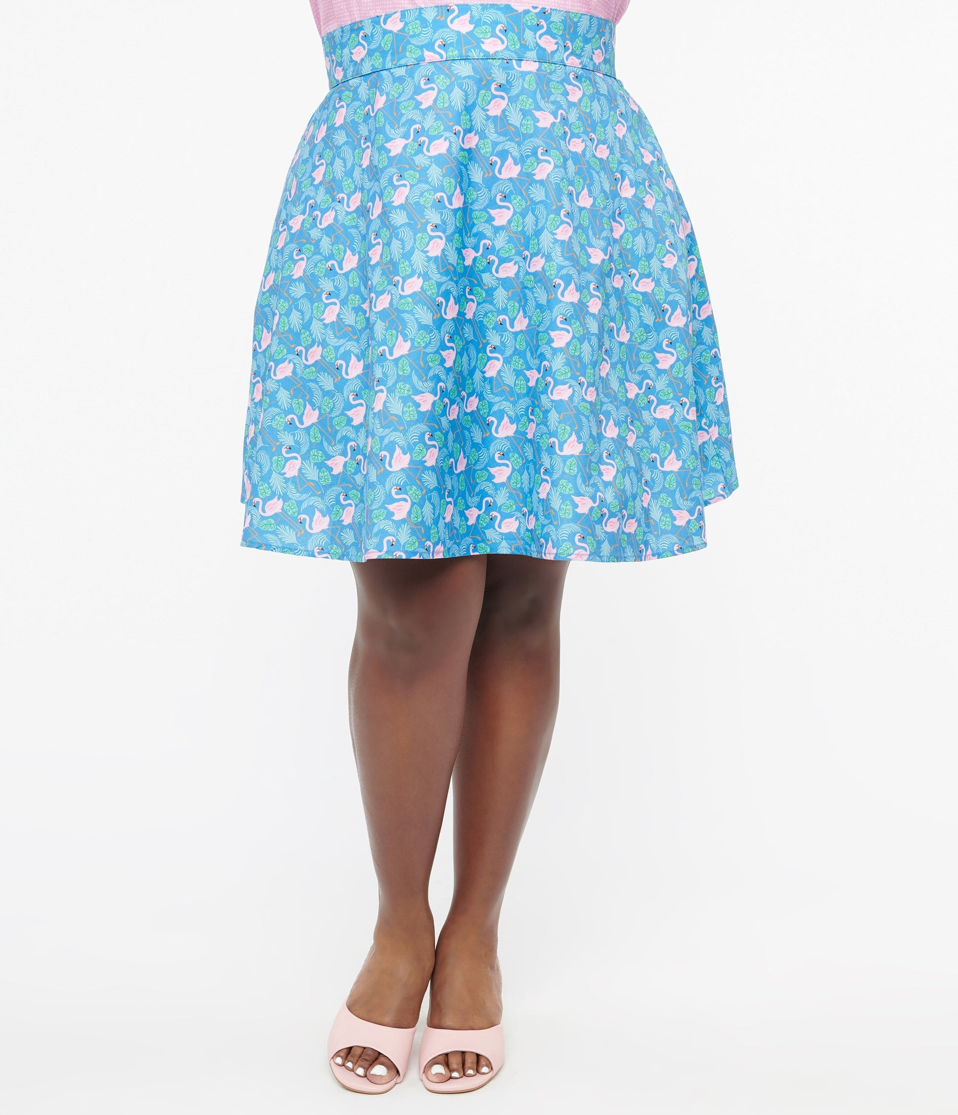 Retrolicious 1950s Blue & Pink Flamingo Print Cotton Skater Skirt - Unique Vintage - Womens, BOTTOMS, SKIRTS