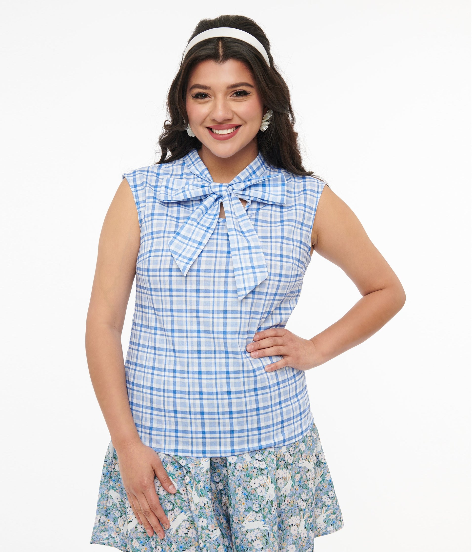 Retrolicious 1950s Blue Plaid Cotton Bow Top - Unique Vintage - Womens, TOPS, WOVEN TOPS