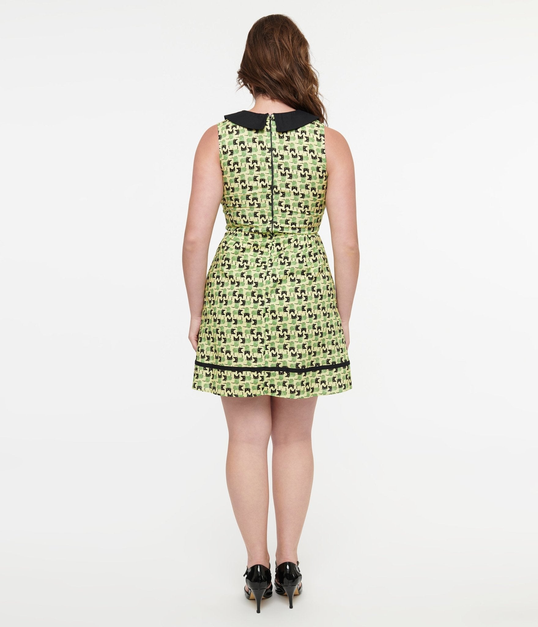 Retrolicious 1950s Green & Black Mod Cat Print Cotton Fit & Flare Dress - Unique Vintage - Womens, DRESSES, SWING