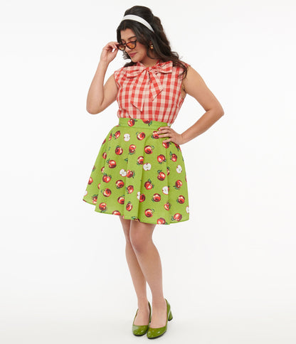 Retrolicious 1950s Green & Red Apple Print Skater Skirt - Unique Vintage - Womens, BOTTOMS, SKIRTS