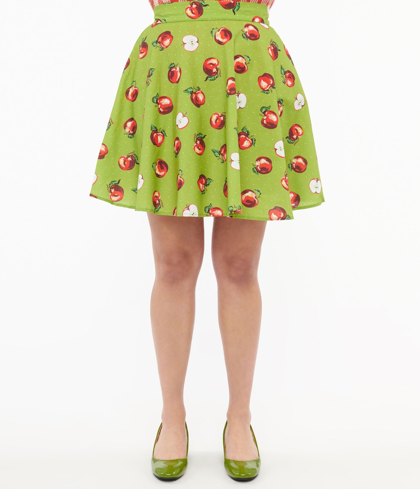 Retrolicious 1950s Green & Red Apple Print Skater Skirt - Unique Vintage - Womens, BOTTOMS, SKIRTS