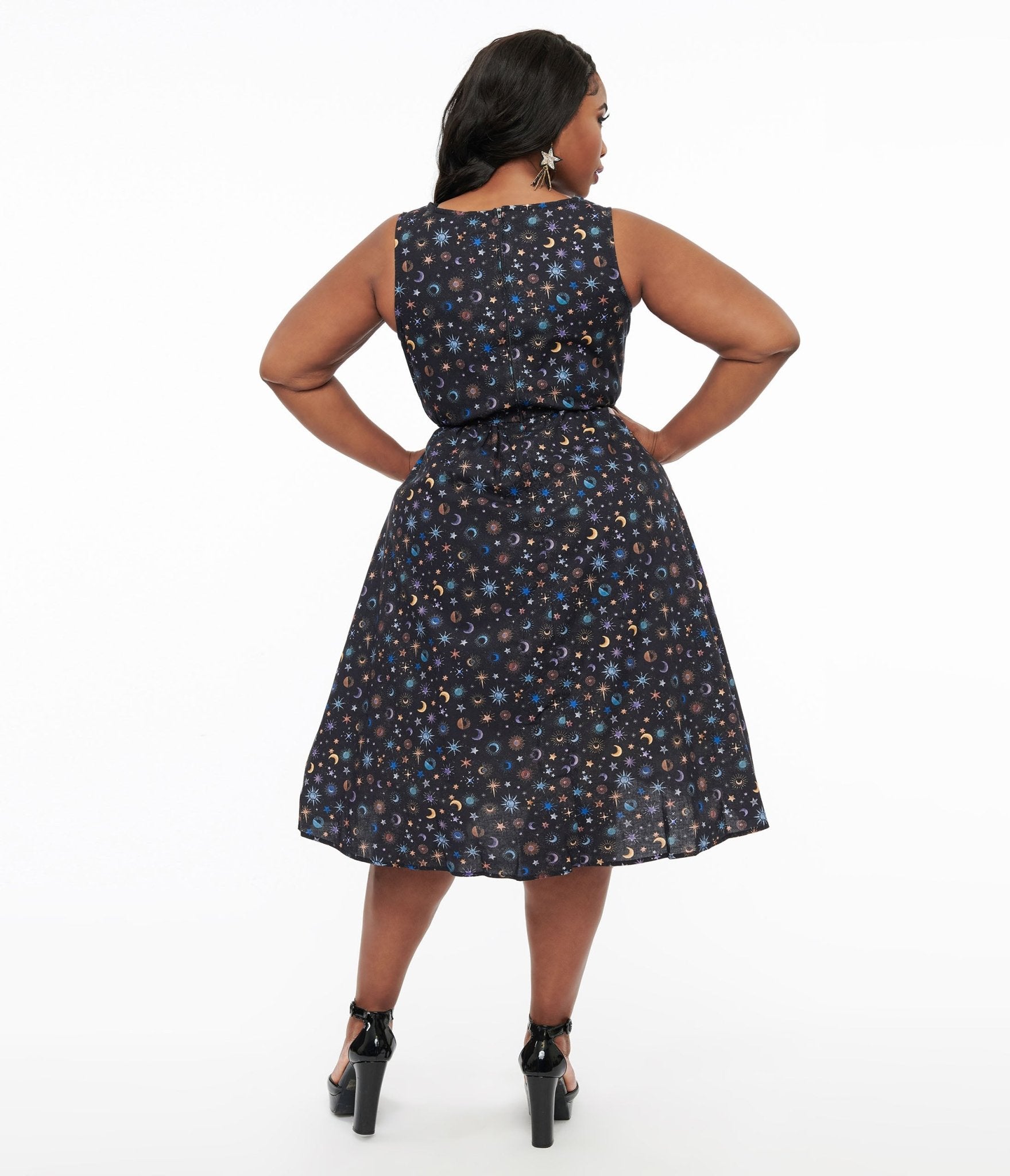 Retrolicious 1950s Plus Size Black Celestial Stars & Moon Print Midi Dress - Unique Vintage - Womens, HALLOWEEN, DRESSES