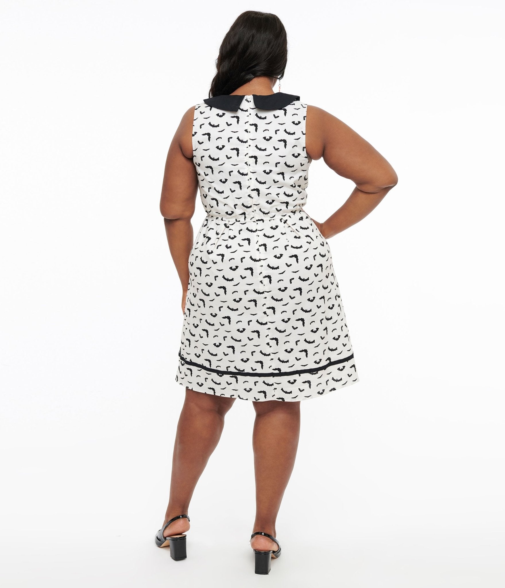 Retrolicious 1950s Plus Size White & Black Bat Print Collared Fit & Flare Dress - Unique Vintage - Womens, HALLOWEEN, DRESSES