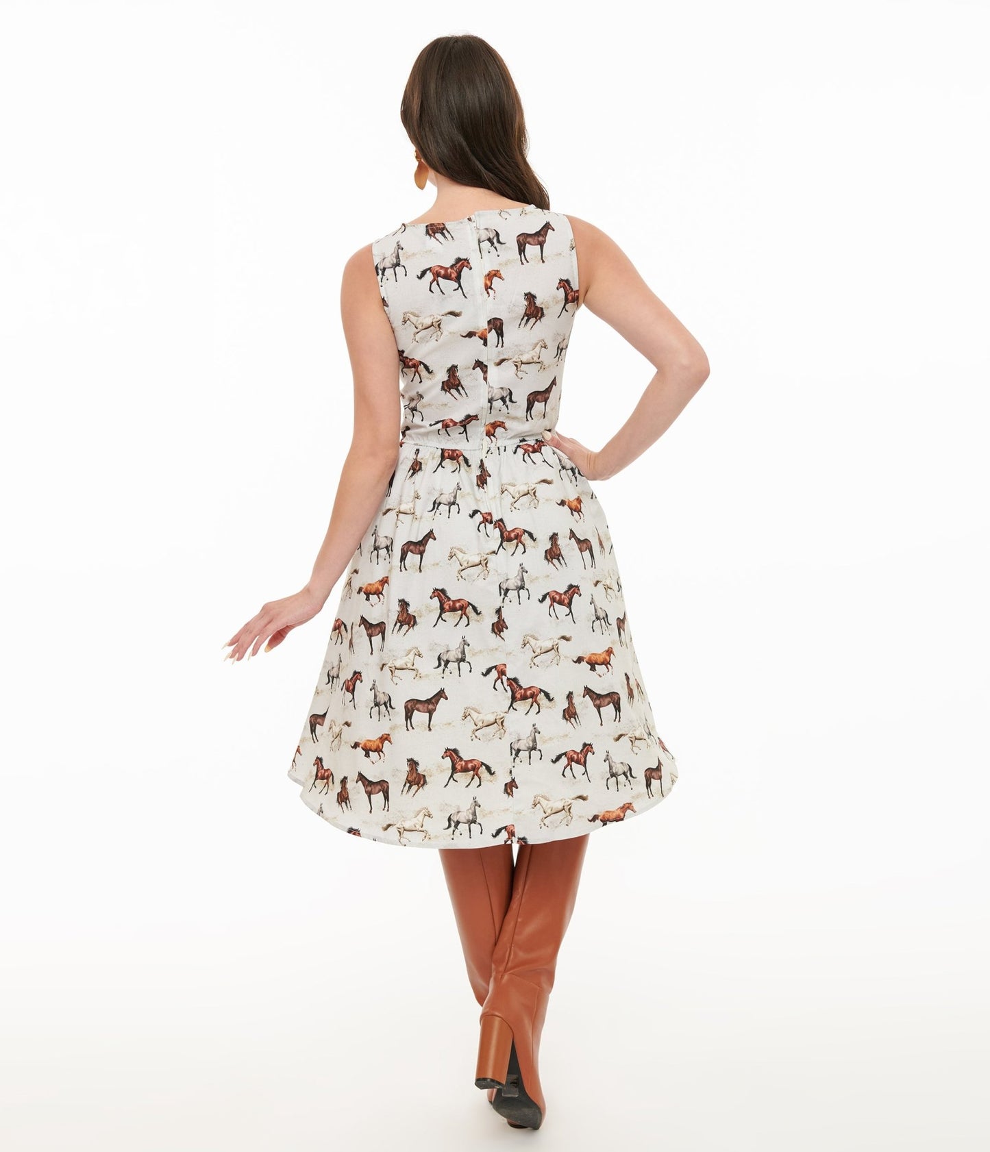 Retrolicious 1950s White & Brown Horse Print Cotton Swing Dress - Unique Vintage - Womens, DRESSES, SWING