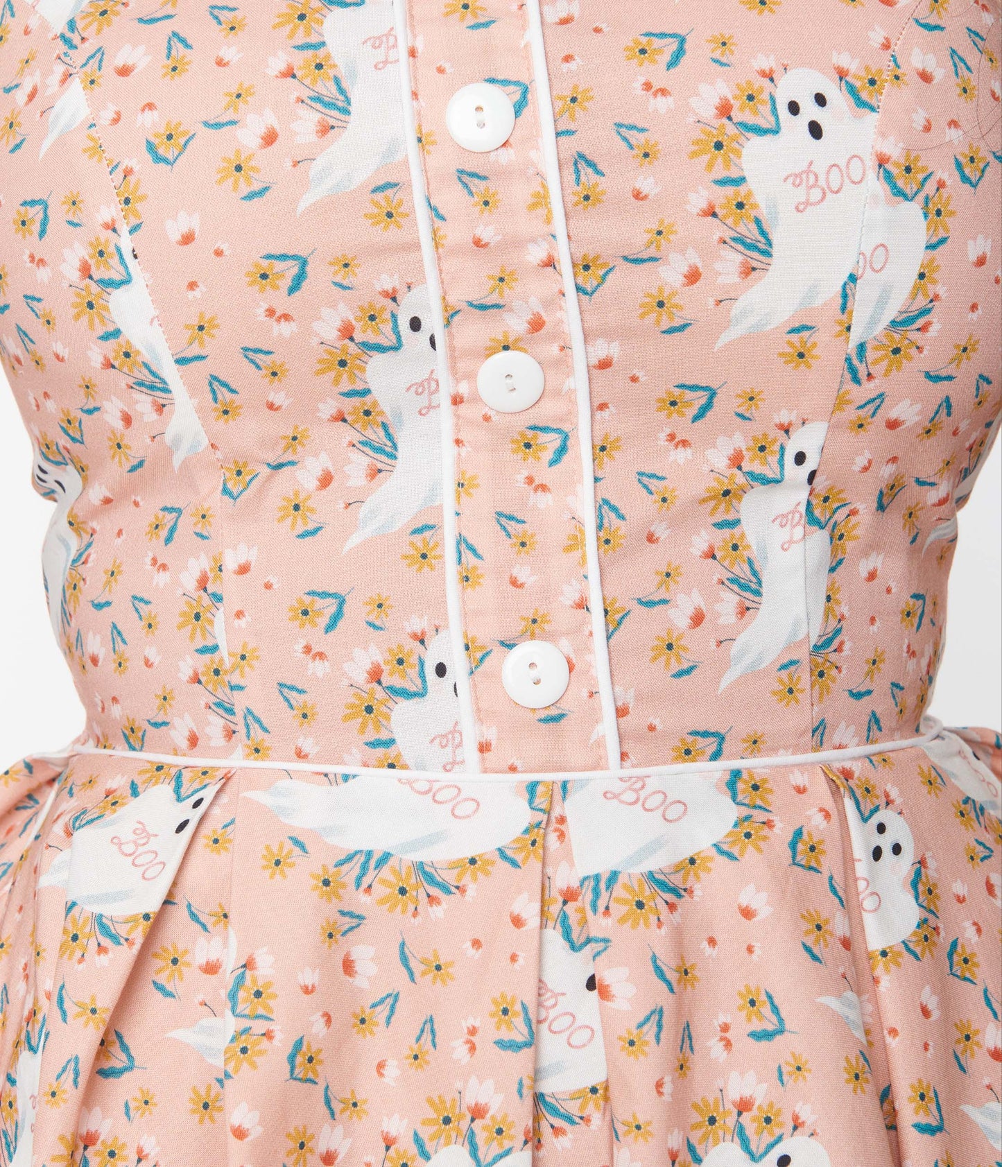 Retrolicious Pink & Ghost Print Swing Dress - Unique Vintage - Womens, HALLOWEEN, DRESSES