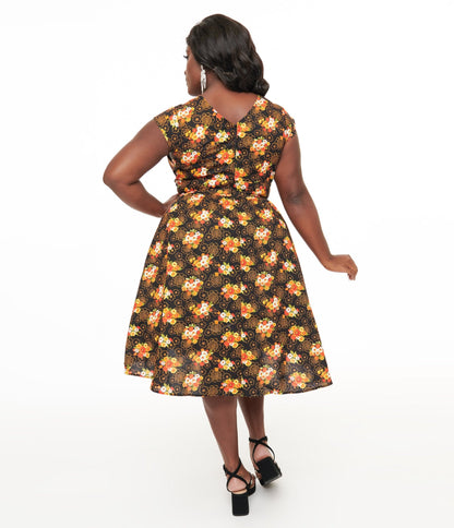 Retrolicious Plus Size 1950s Black Autumn Floral Cotton Greta Swing Dress - Unique Vintage - Womens, DRESSES, SWING