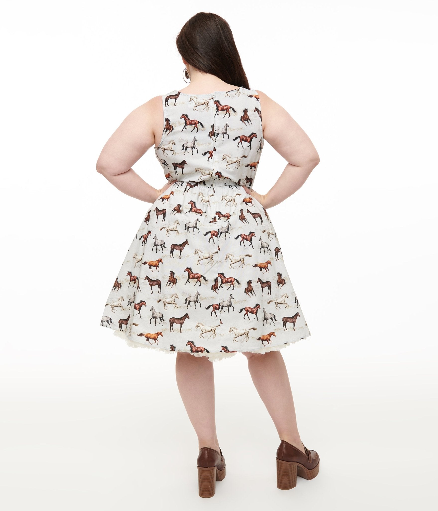 Retrolicious Plus Size 1950s White & Brown Horse Print Cotton Swing Dress - Unique Vintage - Womens, DRESSES, SWING