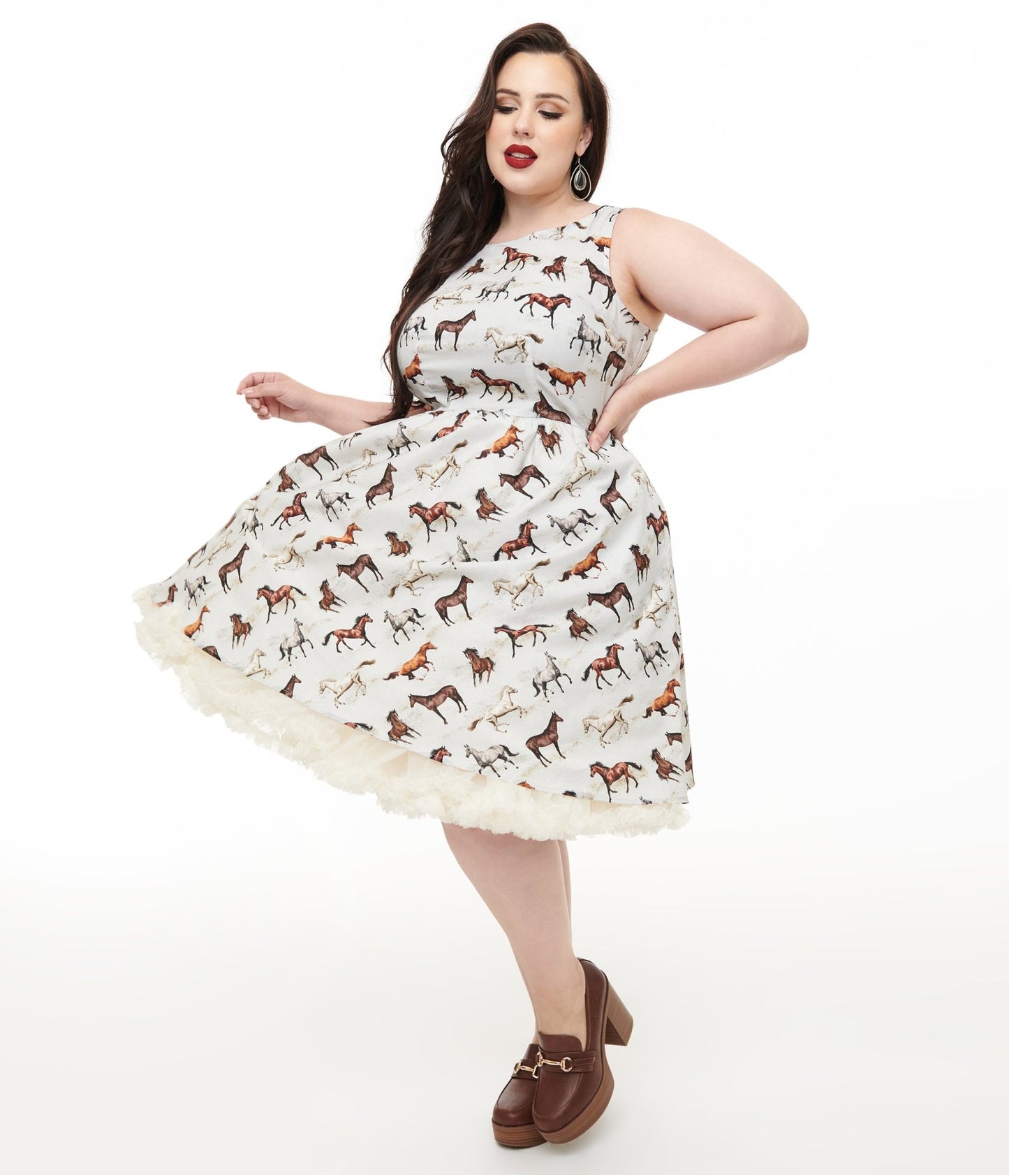 Retrolicious Plus Size 1950s White & Brown Horse Print Cotton Swing Dress - Unique Vintage - Womens, DRESSES, SWING