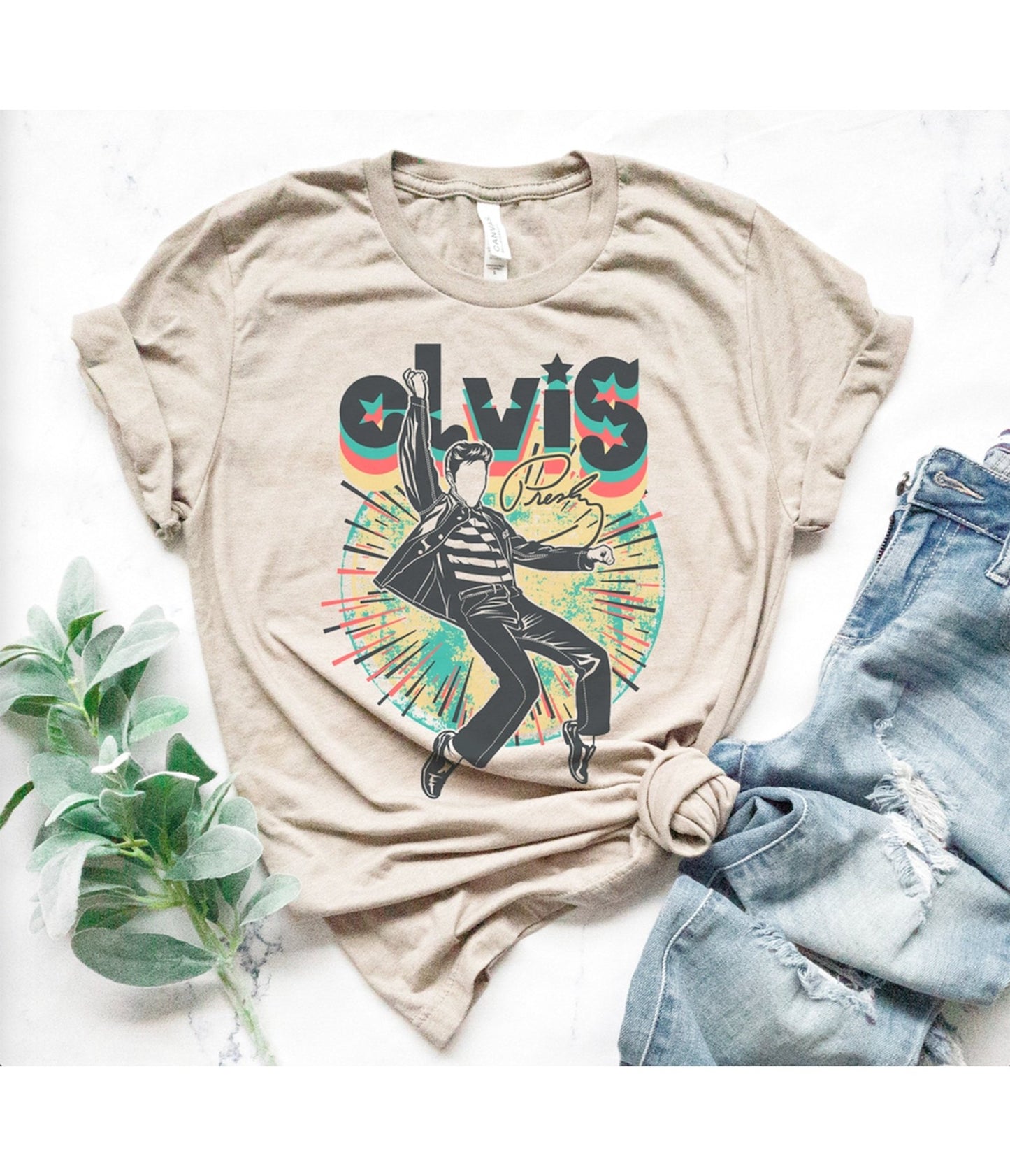 Rockin Elvis Cotton Unisex Graphic Tee - Unique Vintage - Womens, TOPS, TEES