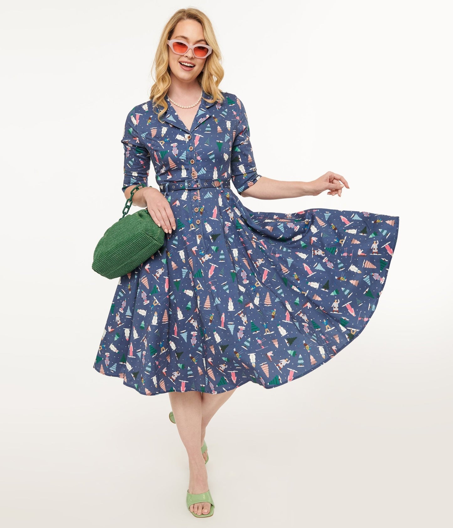 Royal Monk 1940s Blue Ski Snow Season Fit & Flare Dress - Unique Vintage - Womens, DRESSES, MIDI