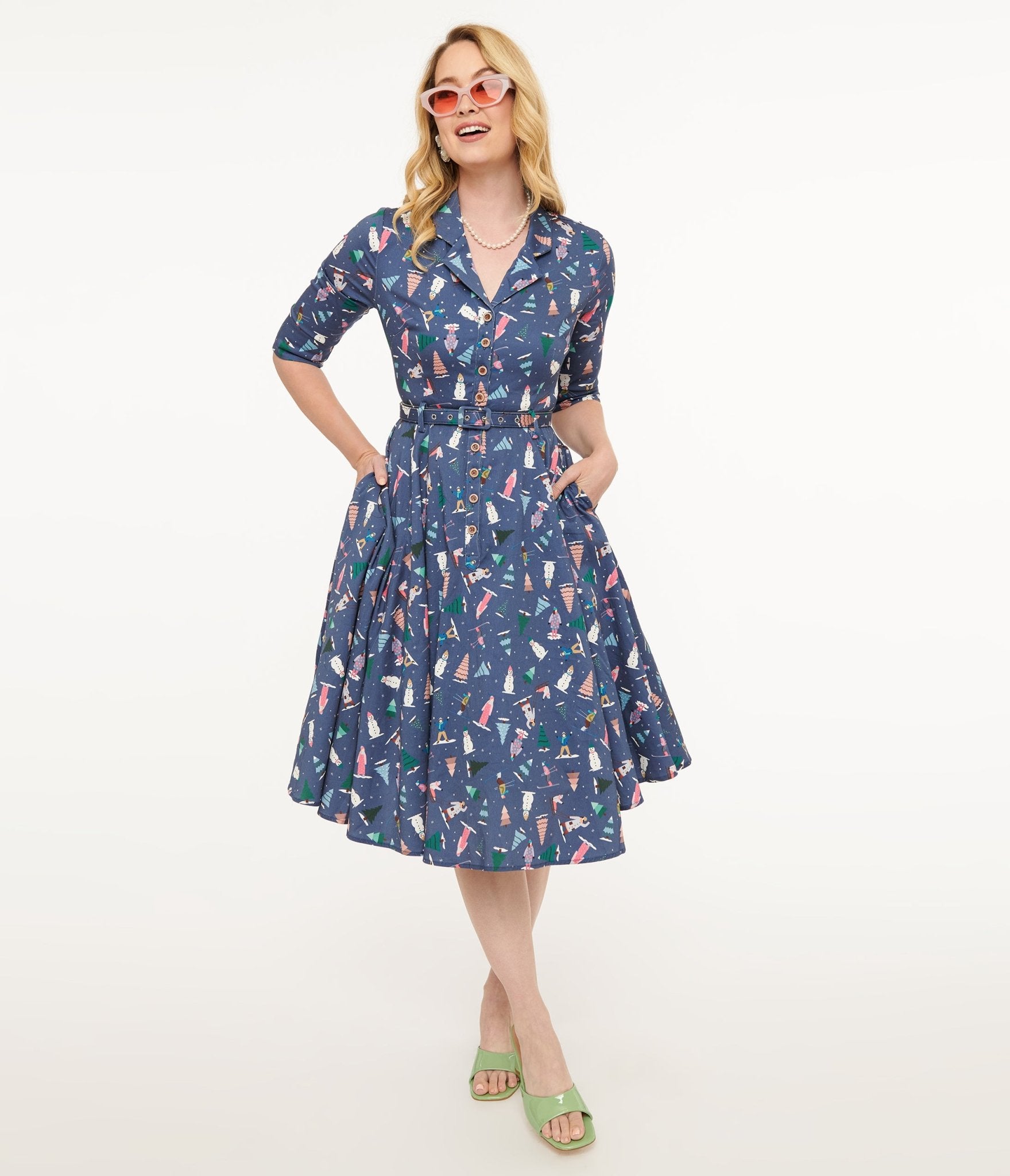 Royal Monk 1940s Blue Ski Snow Season Fit & Flare Dress - Unique Vintage - Womens, DRESSES, MIDI