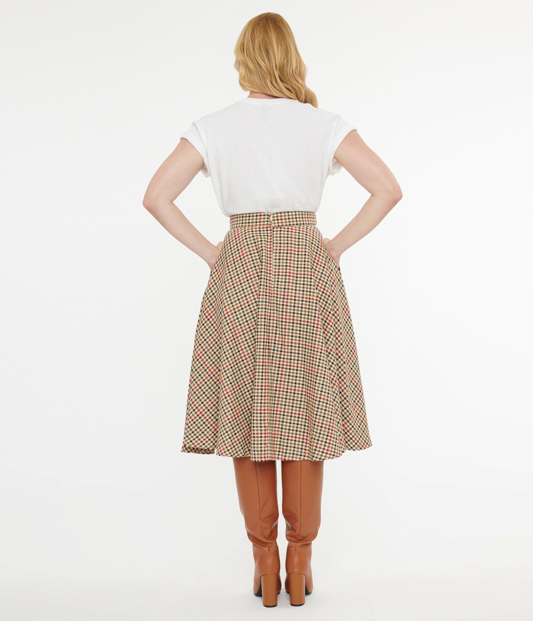 Royal Monk 1950s Beige & Black Check Hilda Swing Skirt - Unique Vintage - Womens, BOTTOMS, SKIRTS