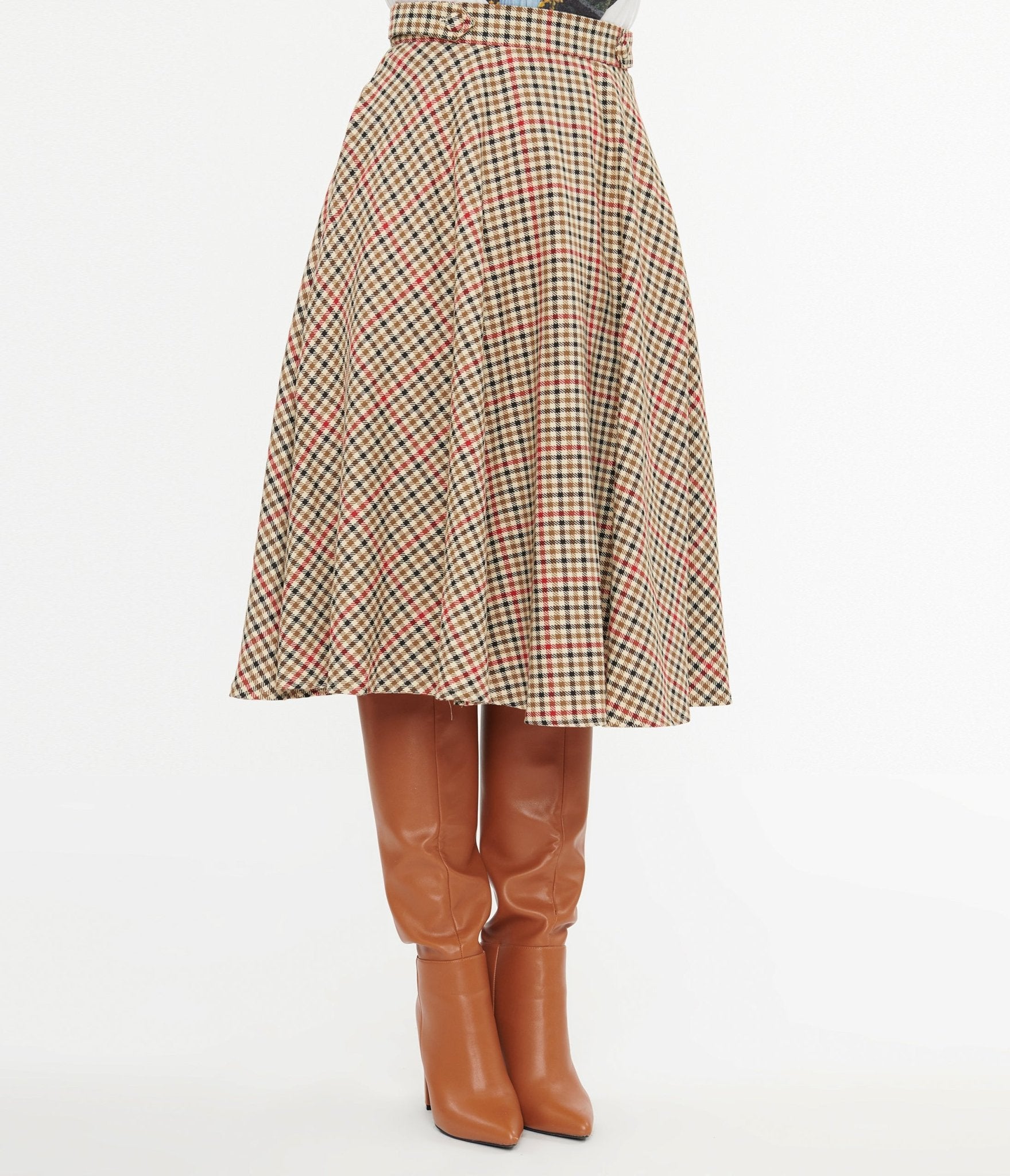 Royal Monk 1950s Beige & Black Check Hilda Swing Skirt - Unique Vintage - Womens, BOTTOMS, SKIRTS