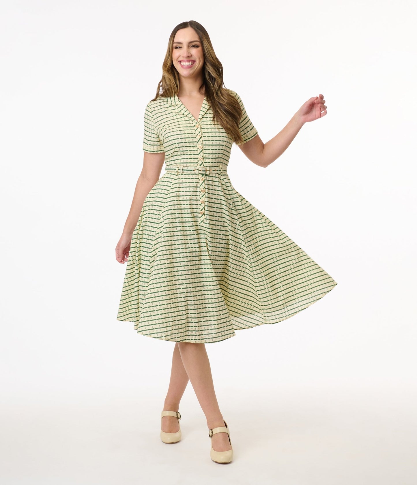 Royal Monk 1950s Green Anchor Stripes Cotton Swing Dress - Unique Vintage - Womens, DRESSES, SWING