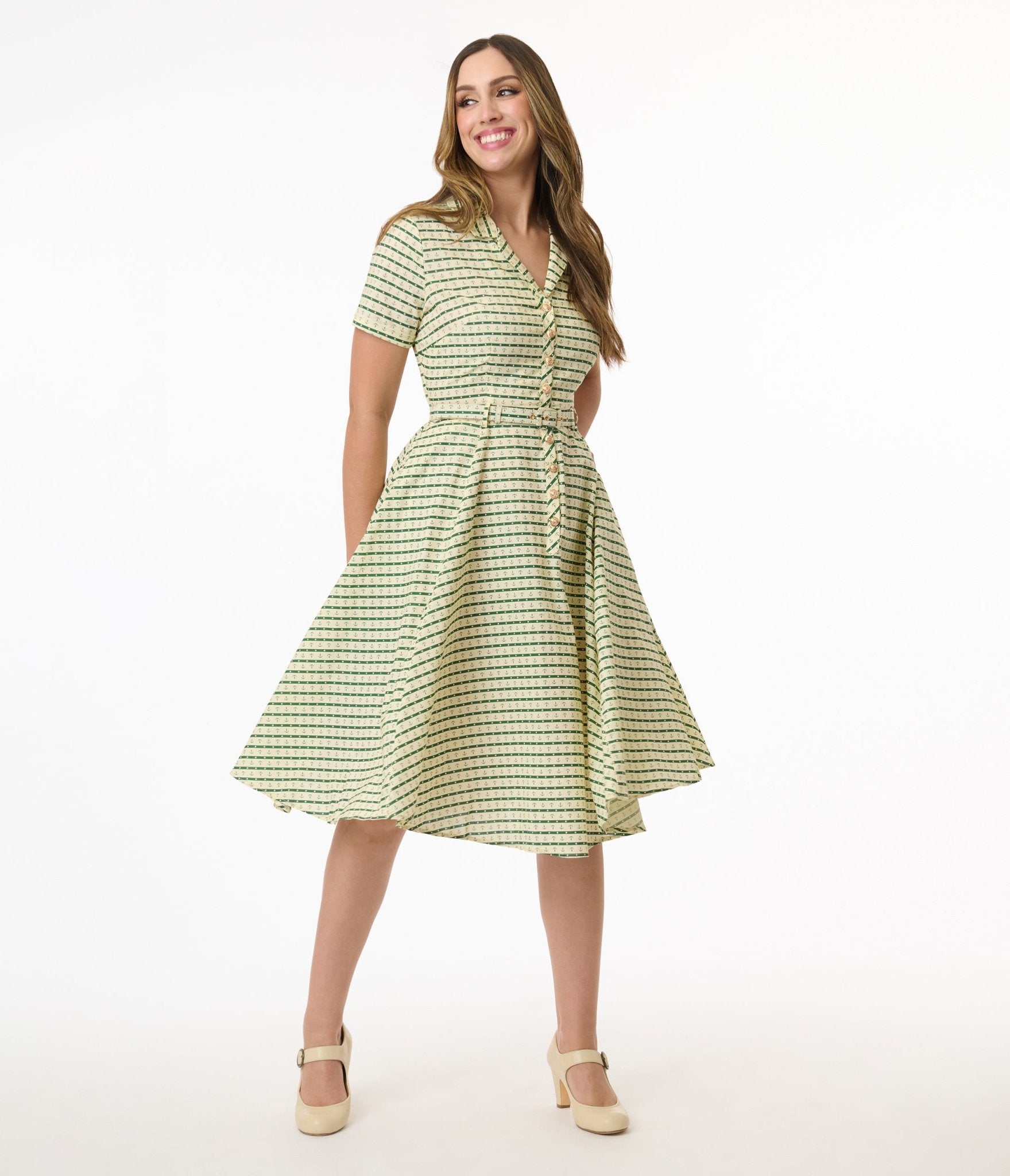 Royal Monk 1950s Green Anchor Stripes Cotton Swing Dress - Unique Vintage - Womens, DRESSES, SWING