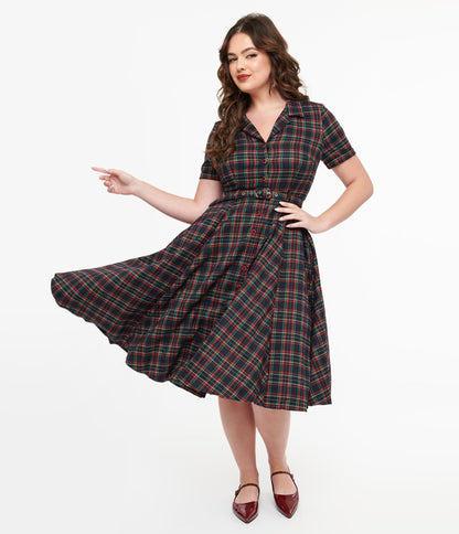 Royal Monk 1950s Green & Red Plaid Merry Holidays Swing Dress - Unique Vintage - Womens, DRESSES, SWING