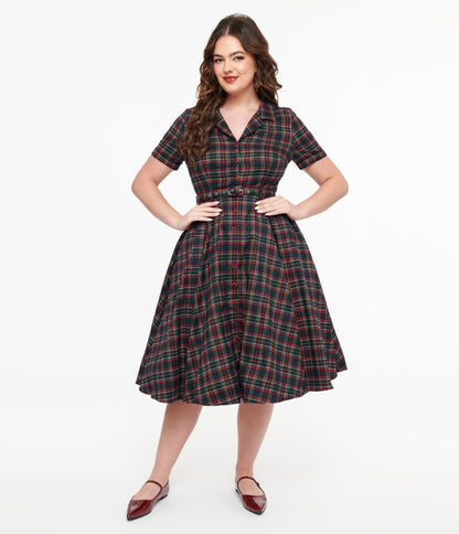 Royal Monk 1950s Green & Red Plaid Merry Holidays Swing Dress - Unique Vintage - Womens, DRESSES, SWING