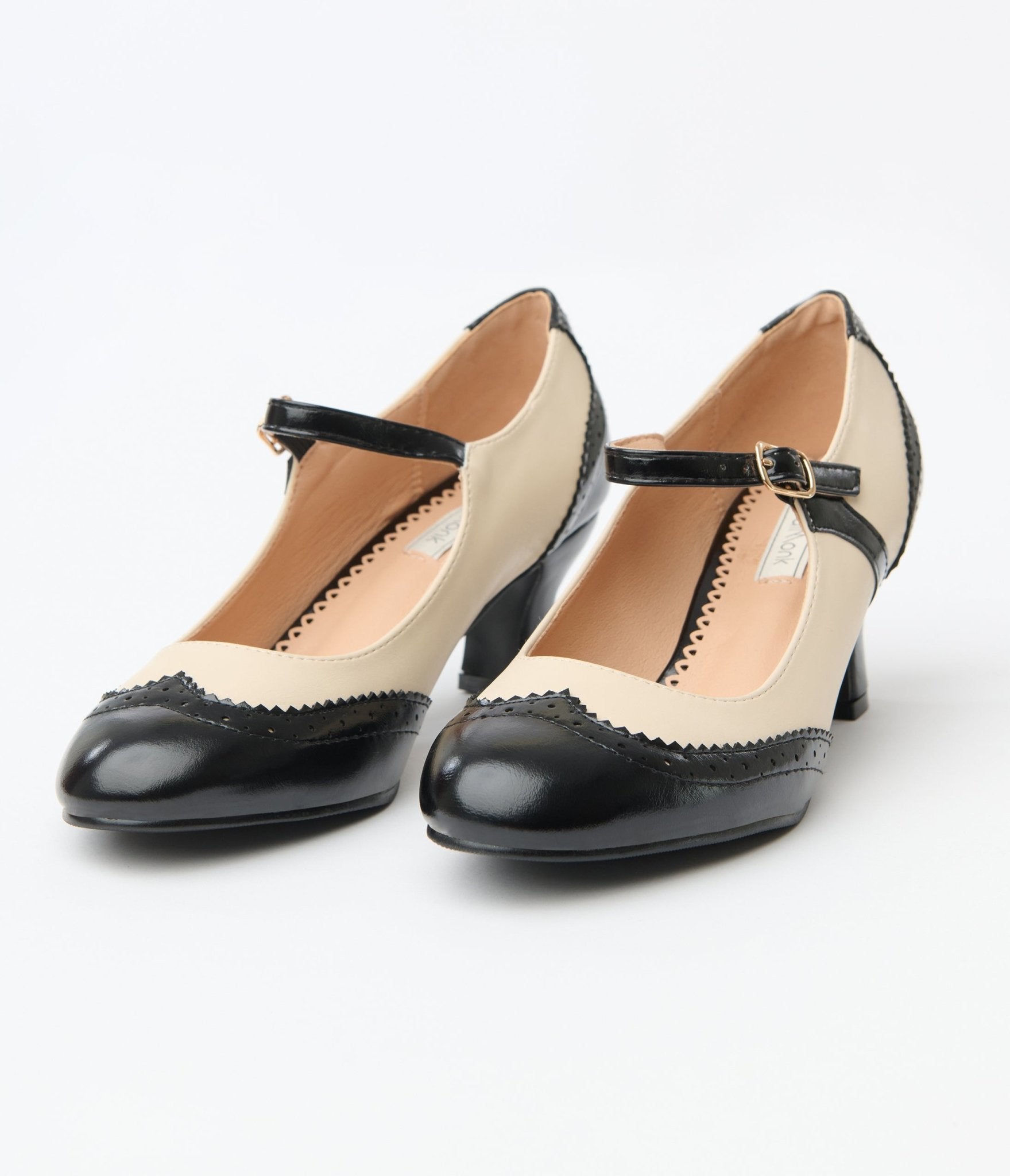 Royal Monk Cream & Black Patent Leatherette Mary Jane Heels - Unique Vintage - Womens, SHOES, SANDALS