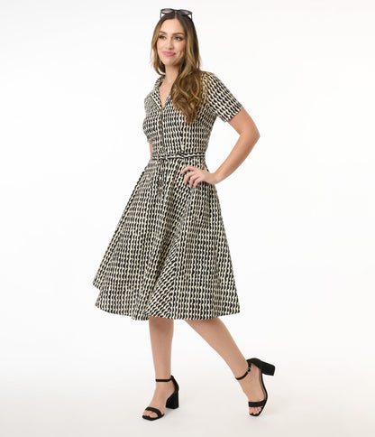 Royal Monk Cream & Black Scalloped Stripes Cotton Swing Dress - Unique Vintage - Womens, DRESSES, SWING