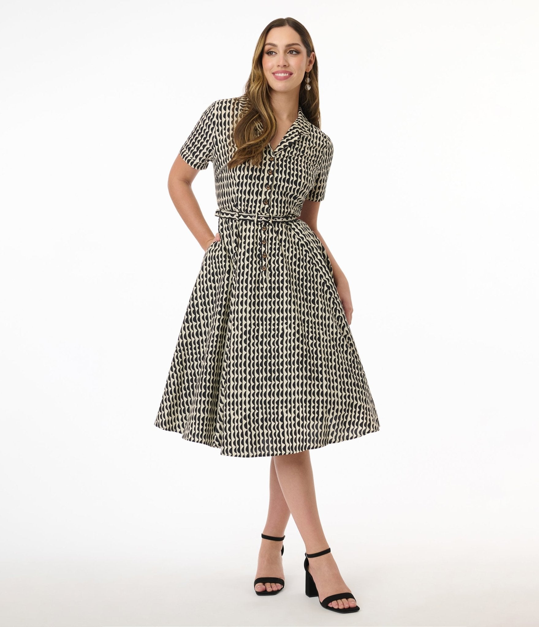 Royal Monk Cream & Black Scalloped Stripes Cotton Swing Dress - Unique Vintage - Womens, DRESSES, SWING