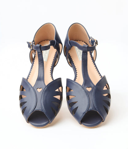 Royal Monk Navy Blue Leatherette Peep Toe T - Strap Flats - Unique Vintage - Womens, SHOES, SANDALS