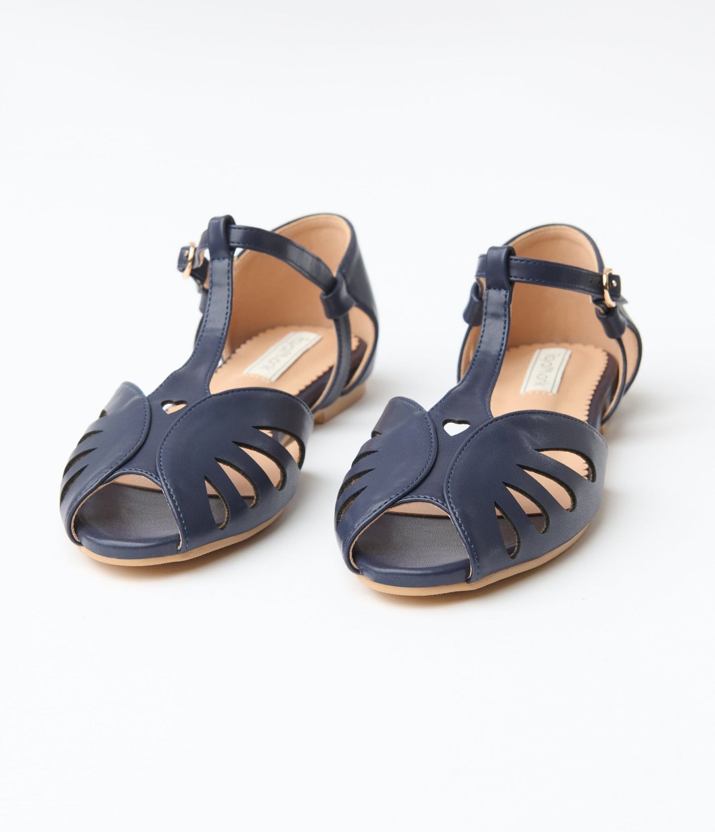 Royal Monk Navy Blue Leatherette Peep Toe T - Strap Flats - Unique Vintage - Womens, SHOES, SANDALS