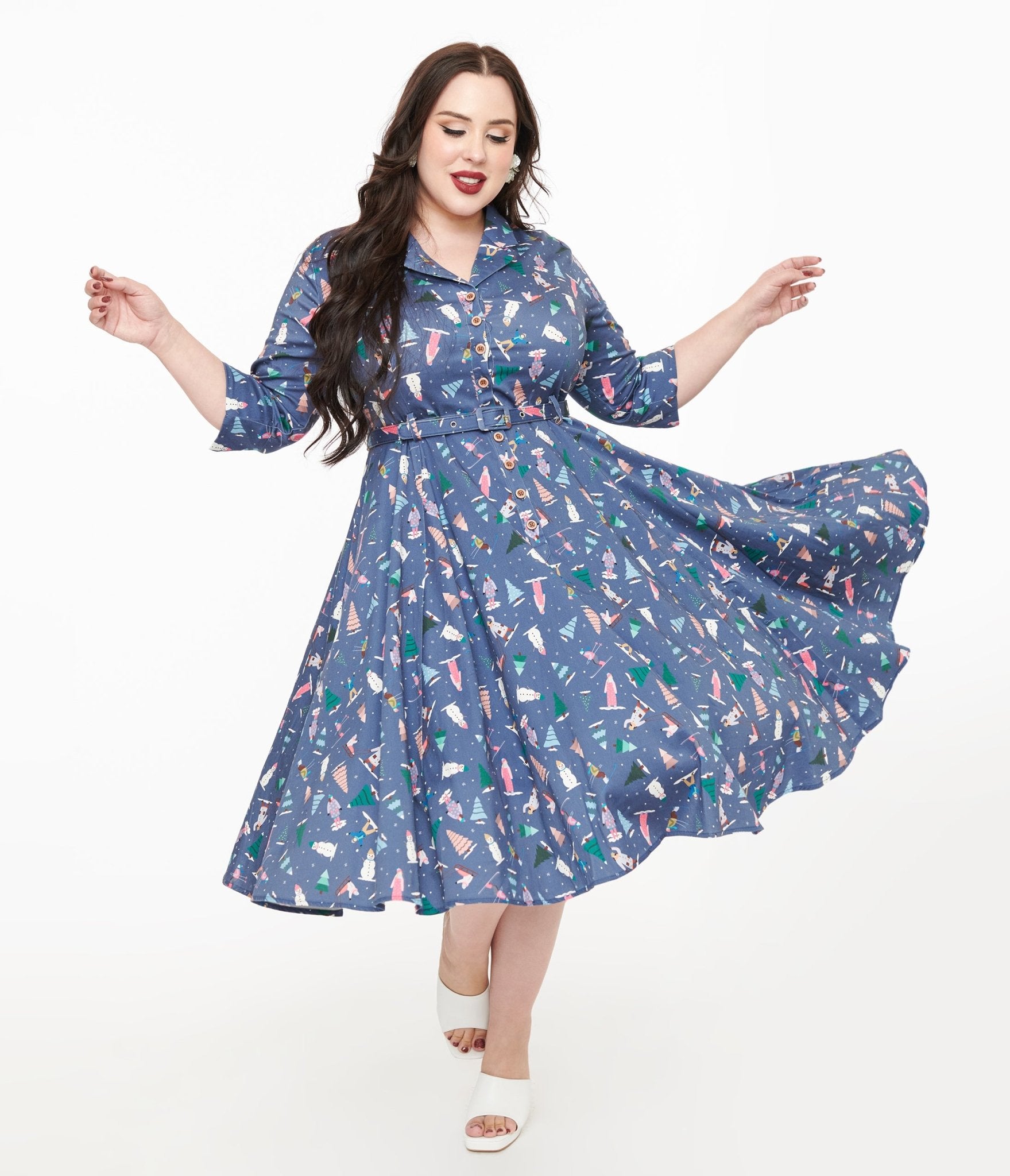 Royal Monk Plus Size 1940s Blue Ski Snow Season Fit & Flare Dress - Unique Vintage - Womens, DRESSES, MIDI