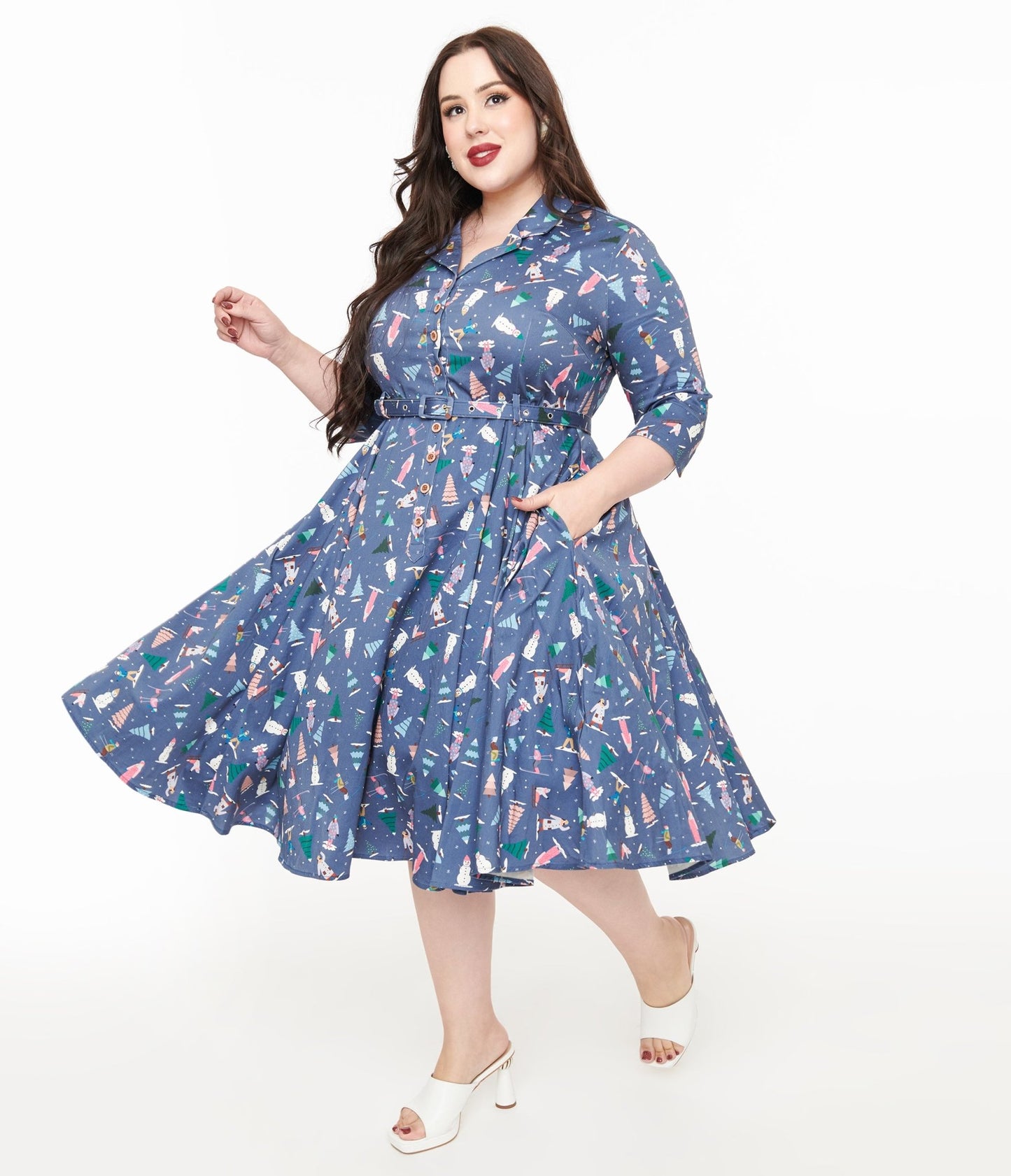 Royal Monk Plus Size 1940s Blue Ski Snow Season Fit & Flare Dress - Unique Vintage - Womens, DRESSES, MIDI