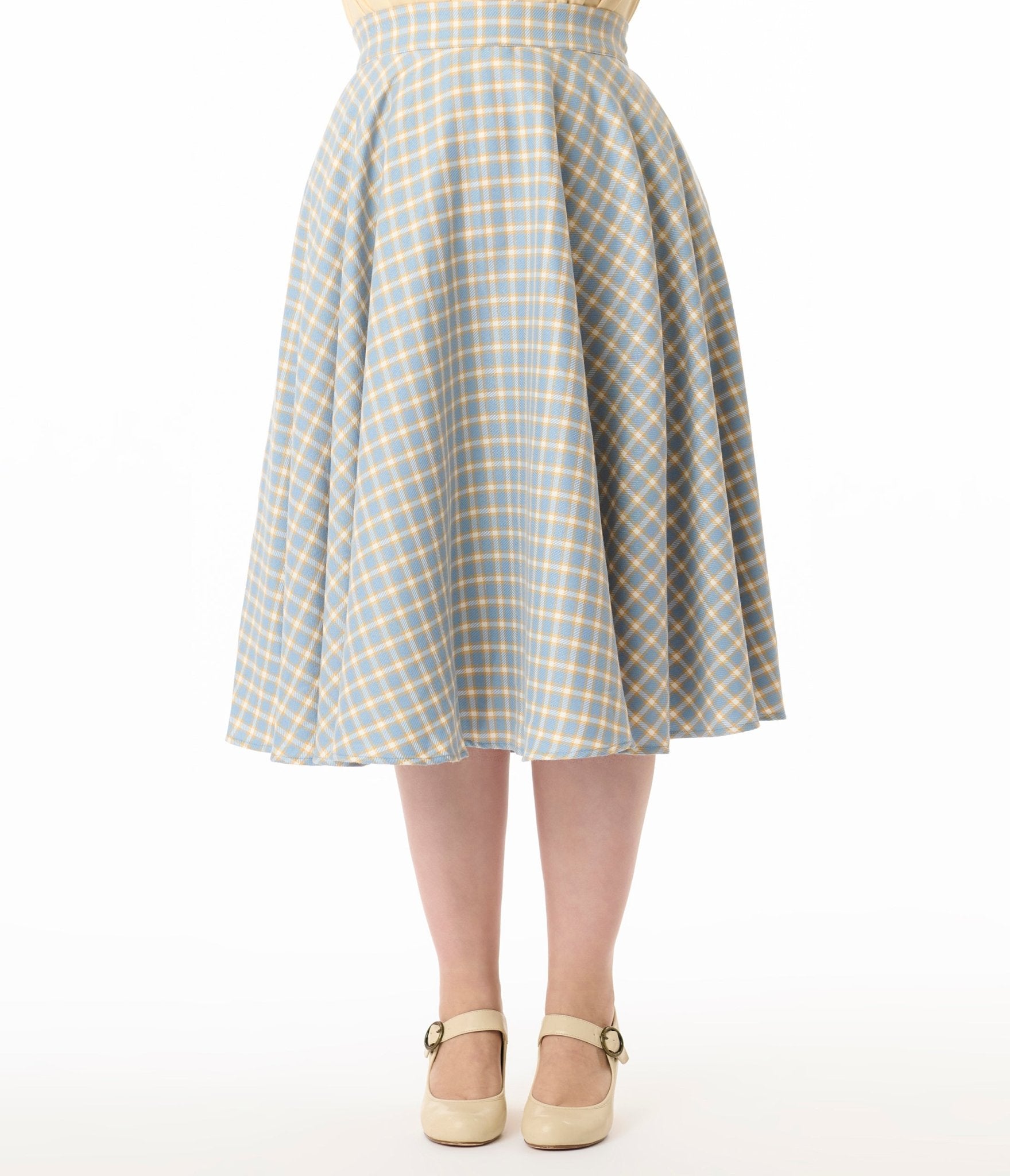 Royal Monk Plus Size 1950s Baby Blue Plaid Swing Skirt - Unique Vintage - Womens, BOTTOMS, SKIRTS