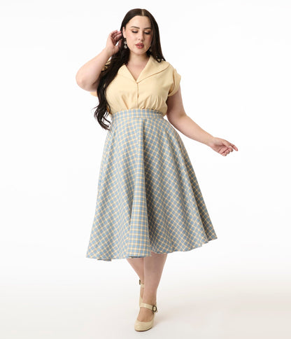 Royal Monk Plus Size 1950s Baby Blue Plaid Swing Skirt - Unique Vintage - Womens, BOTTOMS, SKIRTS