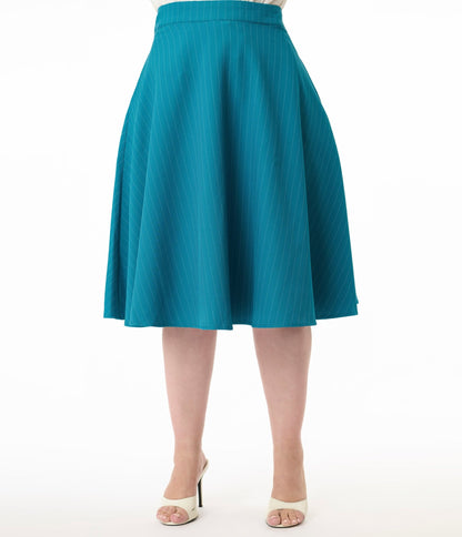 Royal Monk Plus Size 1950s Blue Pinstripe Swing Skirt - Unique Vintage - Womens, BOTTOMS, SKIRTS